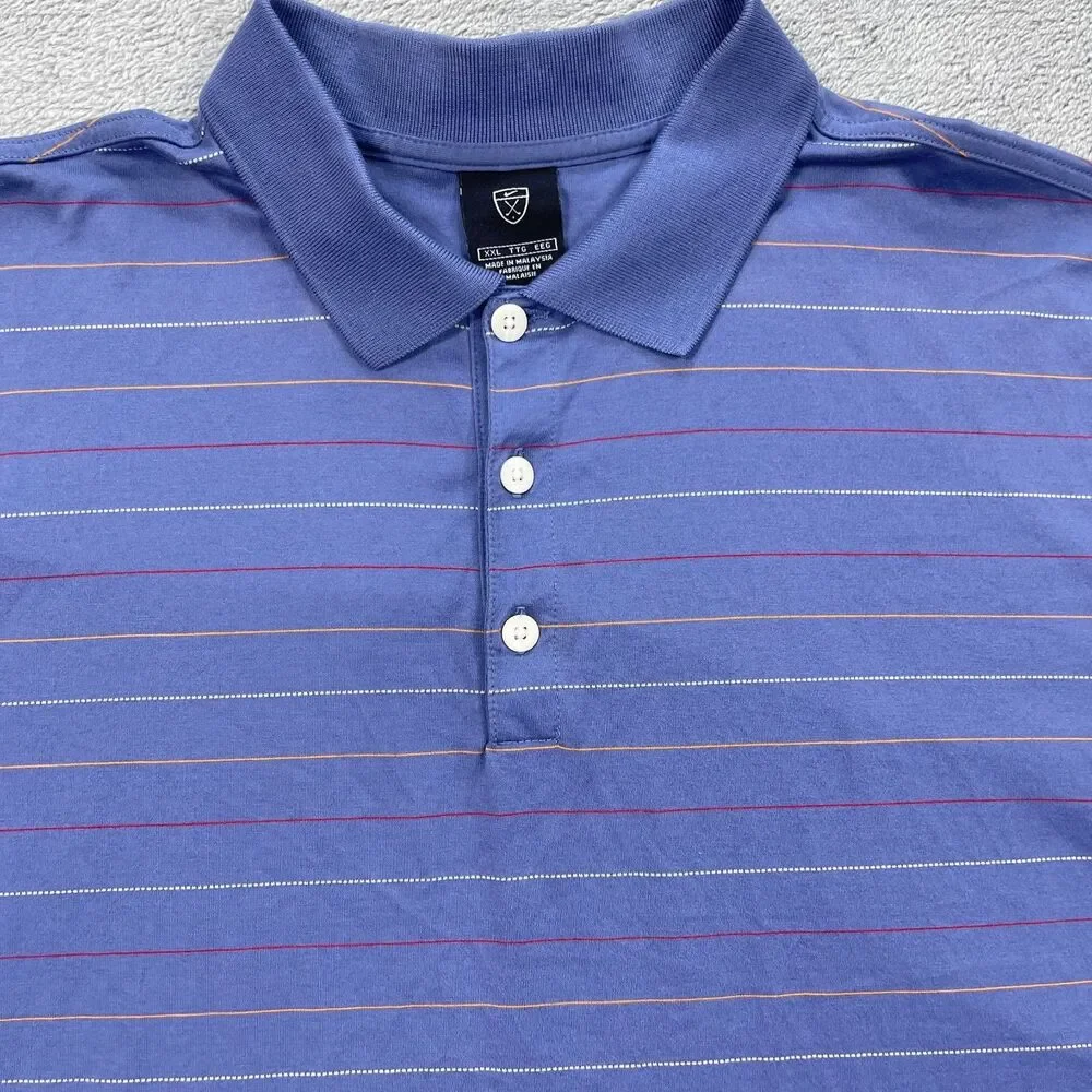 Nike Polo Shirt Mens 2XL Blue Striped Cotton Swoosh Logo Golf Tennis Resort Wear